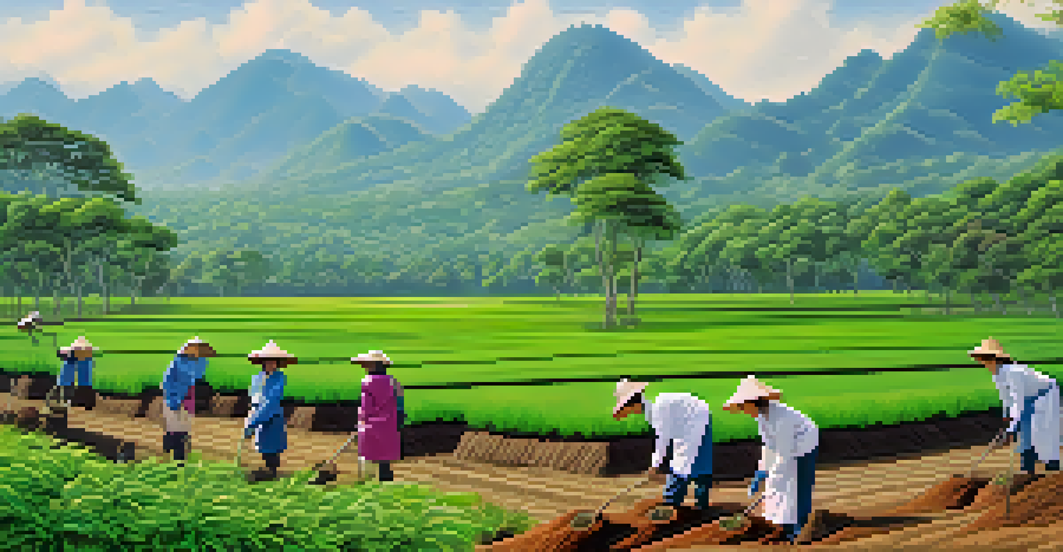 Volunteers planting trees in a reforestation project in northern Thailand, surrounded by greenery and mountains.
