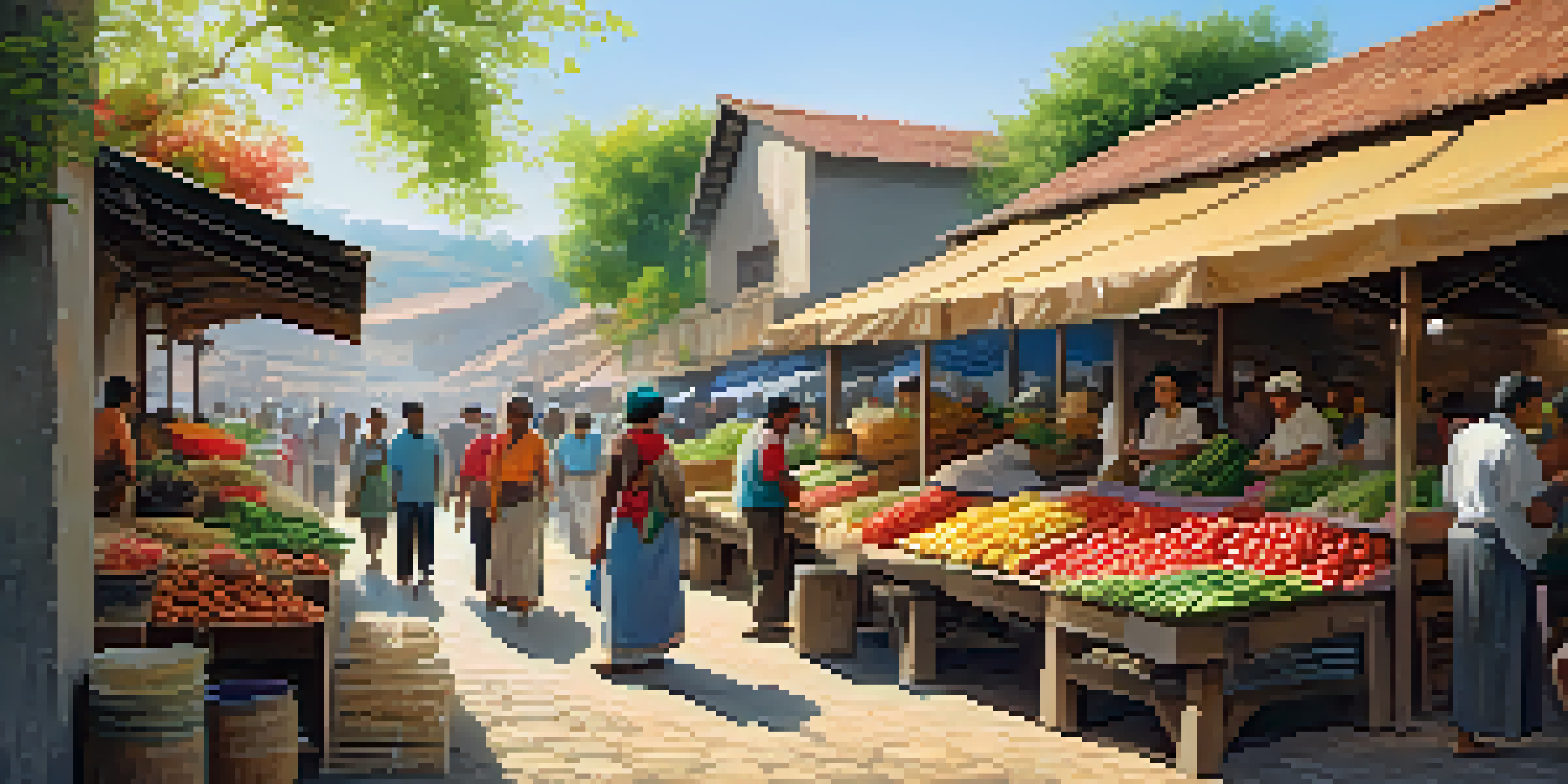 A busy village market with local artisans and tourists, colorful stalls, and bright sunny skies.