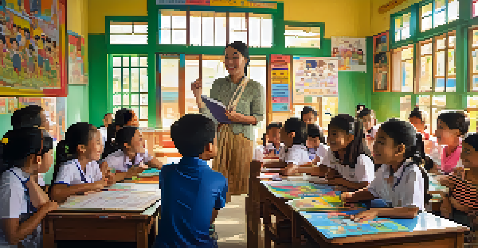A native English speaker teaching Thai students in a colorful classroom filled with sunlight.