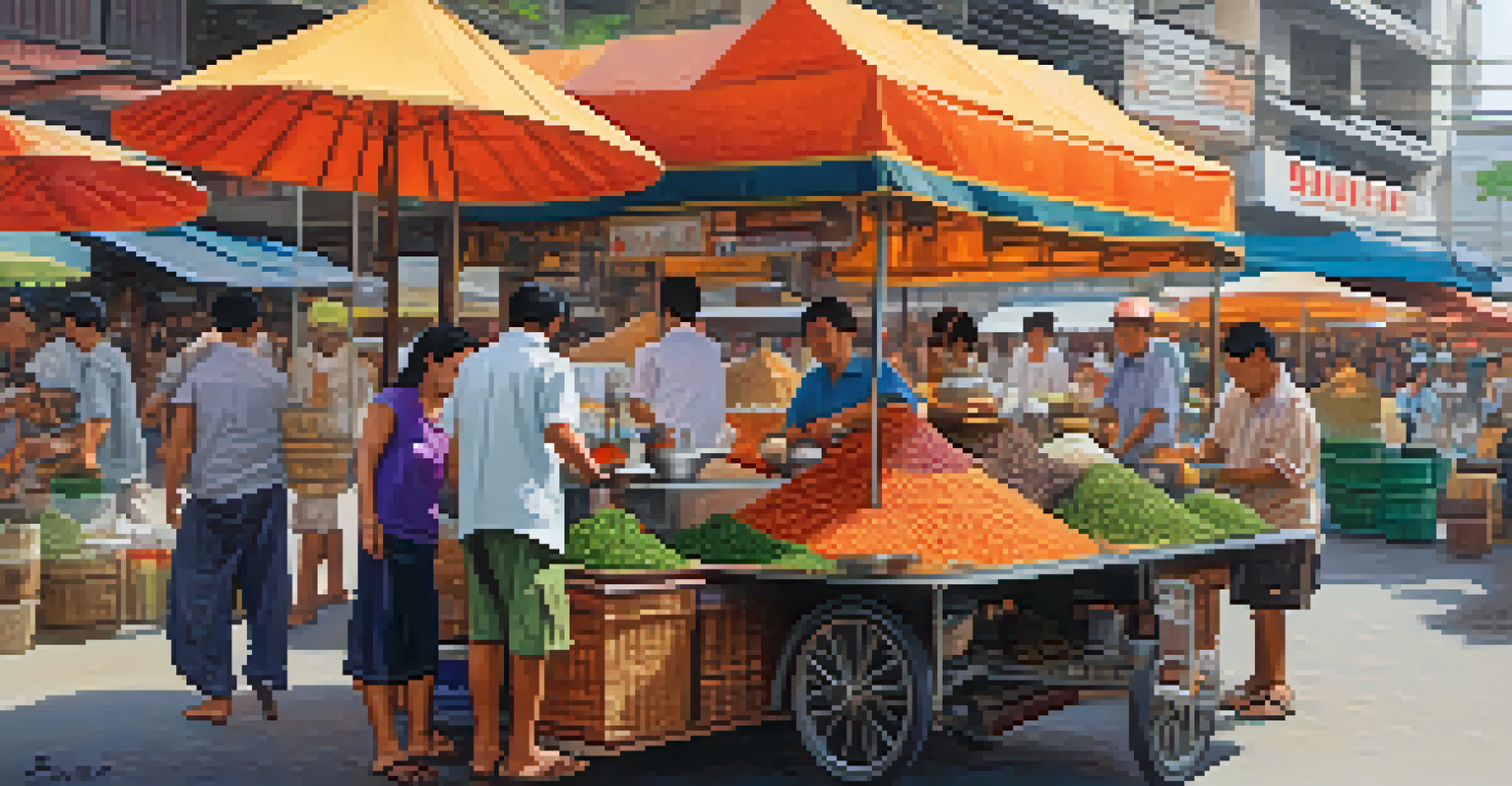 A street vendor in Thailand preparing Thai tea, pouring from a large container into a glass amidst a vibrant market scene.