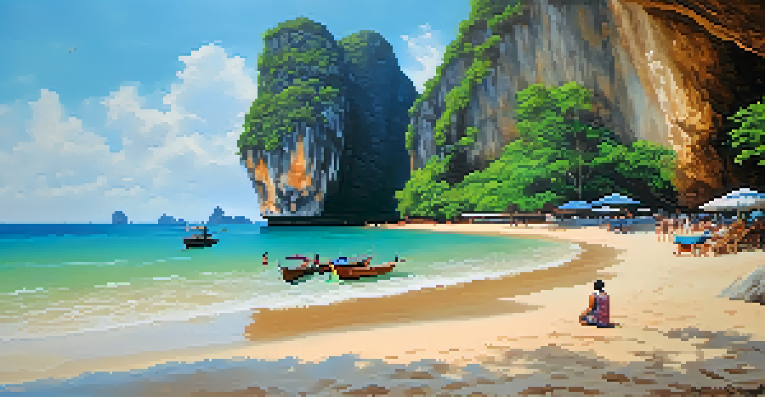 A beautiful beach with golden sands, limestone cliffs, and a cave shrine, with tourists enjoying the scenery.