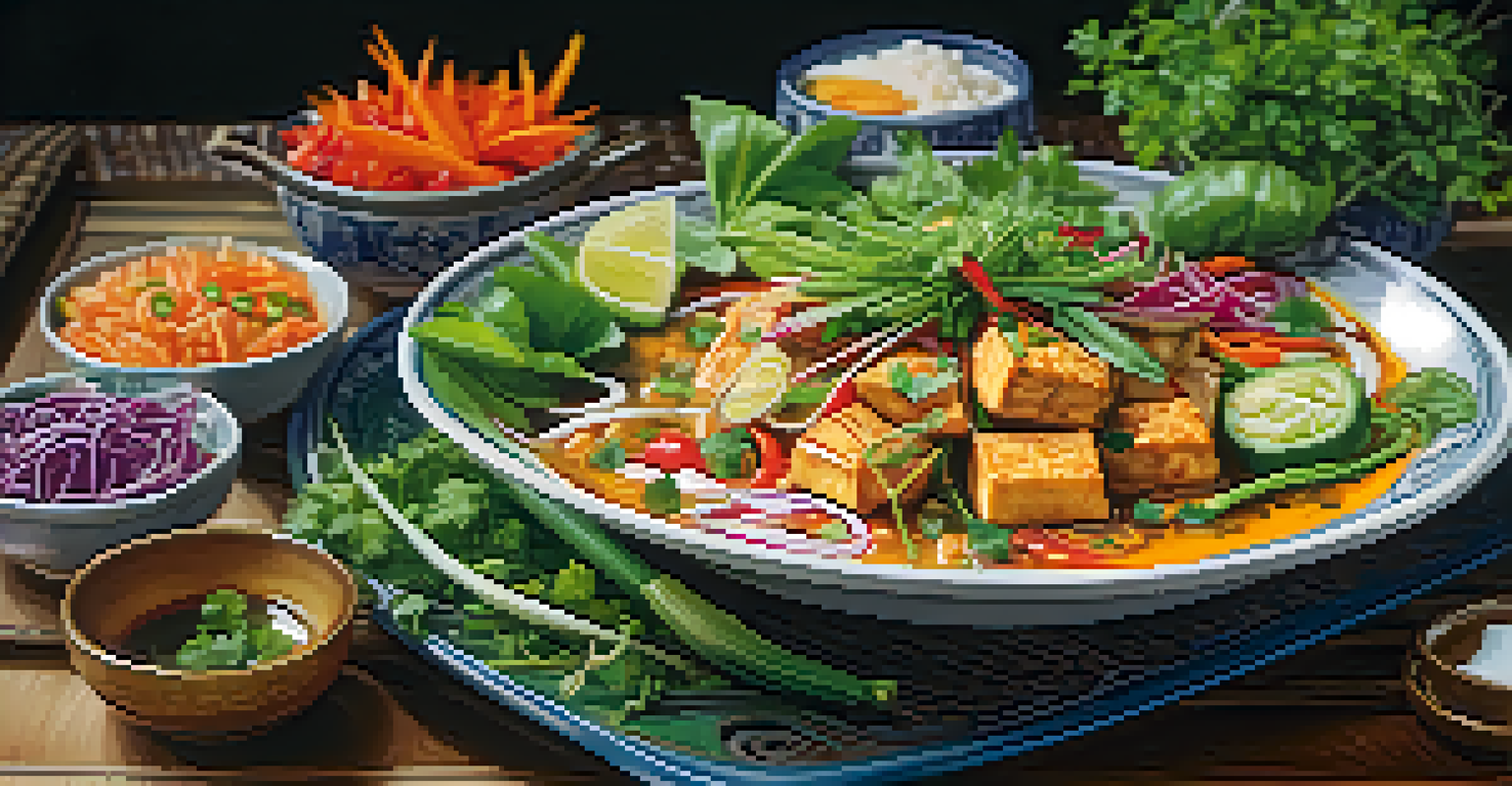 A beautifully plated Thai vegetarian dish featuring colorful vegetables and tofu on a wooden table.