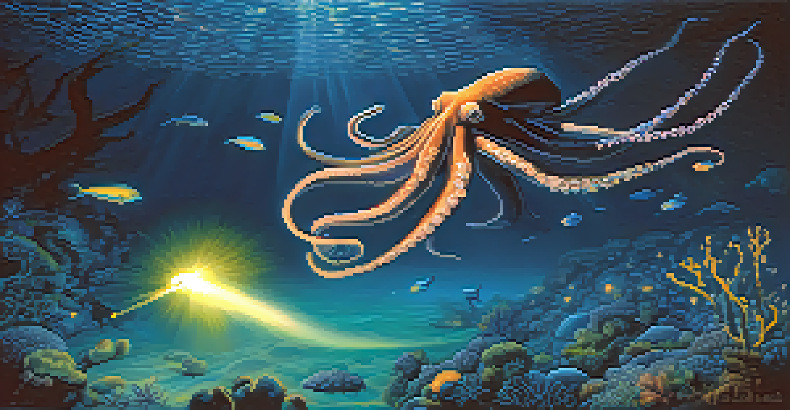 A diver in dark waters at night, surrounded by bioluminescent organisms and a curious octopus, illuminated by a dive torch.