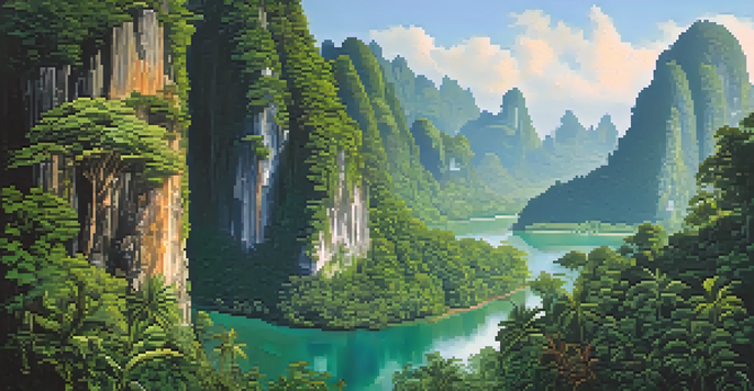 A panoramic view of Khao Sok National Park featuring lush rainforests and limestone cliffs, with wildlife like a Malayan sun bear and hornbills.