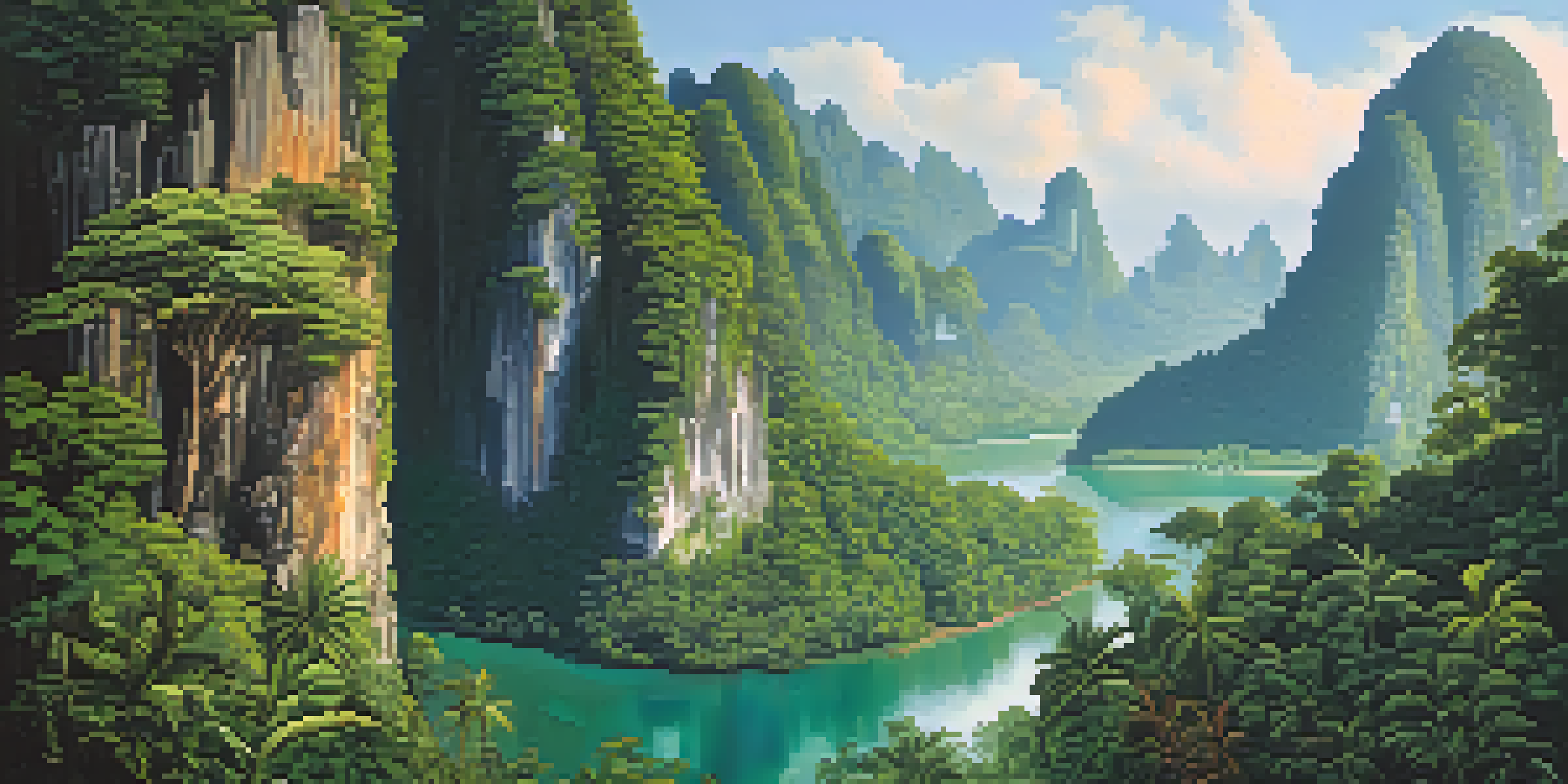 A panoramic view of Khao Sok National Park featuring lush rainforests and limestone cliffs, with wildlife like a Malayan sun bear and hornbills.