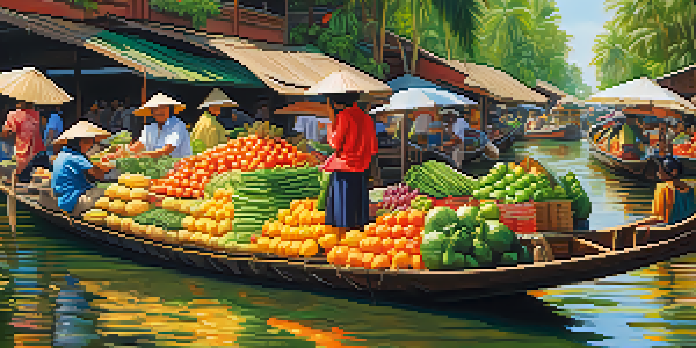 A lively floating market in Bangkok with colorful boats filled with fresh fruits and vegetables, and vendors engaging with tourists under warm sunlight.