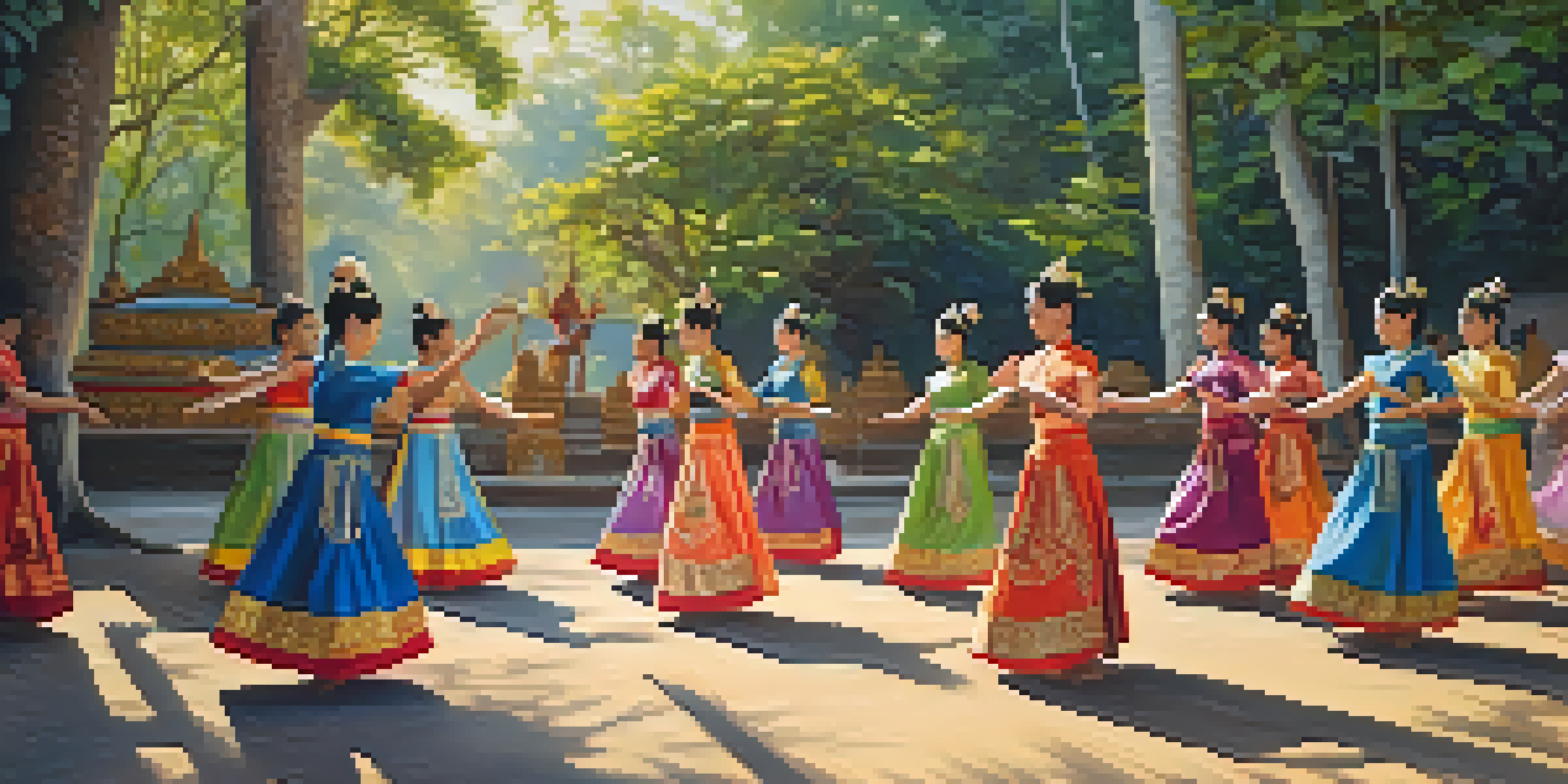 Participants in colorful Thai costumes performing a traditional dance in a workshop setting, with trees and decorations in the background.