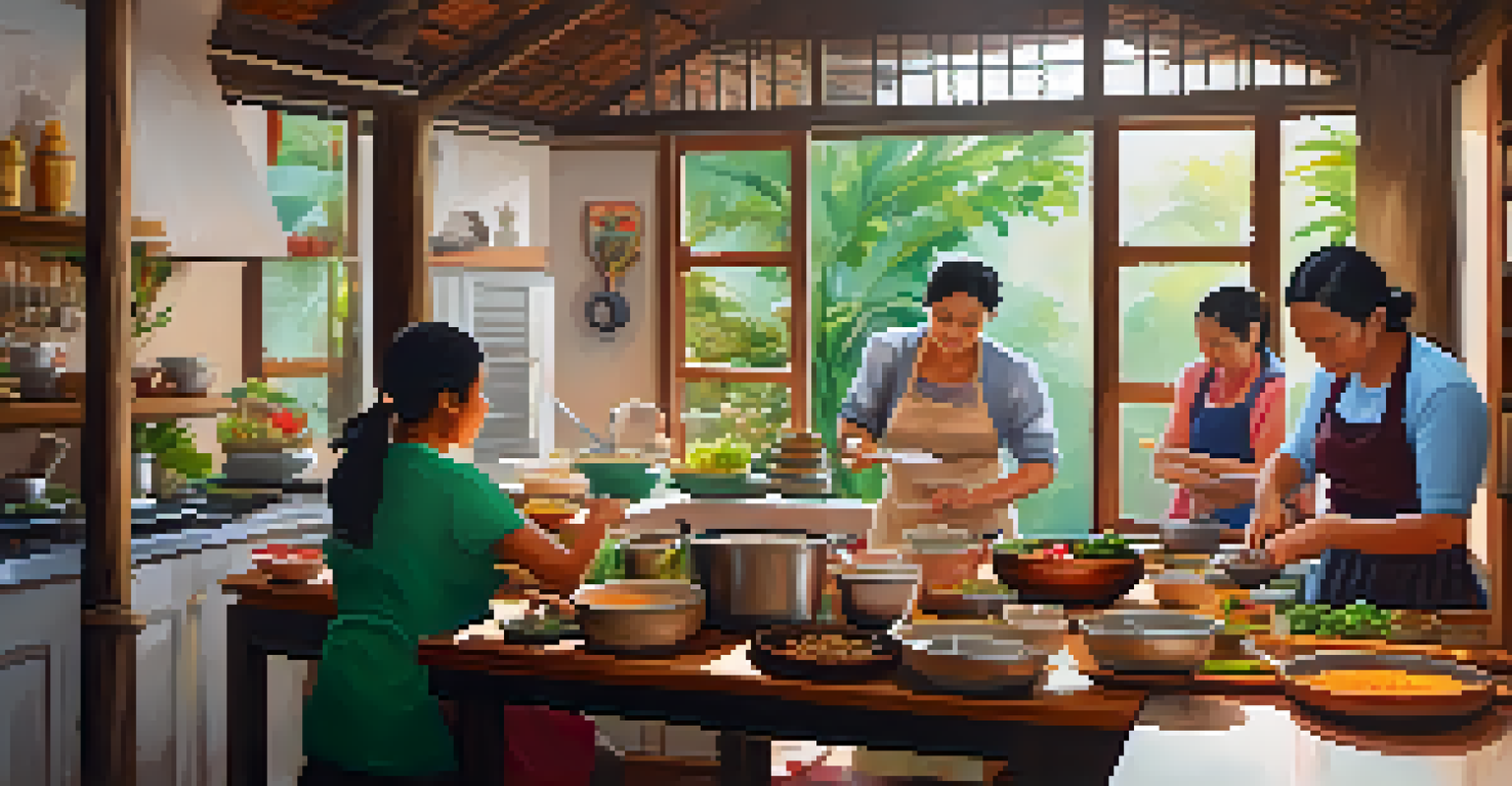 Participants in a cooking class in Thailand, preparing traditional dishes with fresh ingredients in a warm kitchen setting.