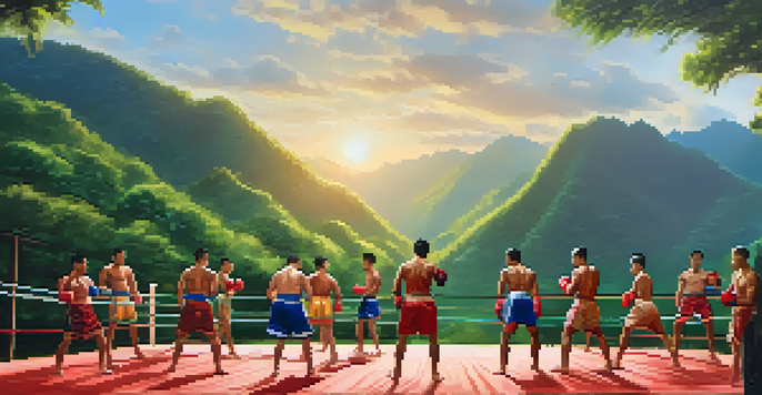 A Muay Thai training camp in Thailand with practitioners training against a backdrop of green mountains, showcasing dynamic movements and vibrant colors.