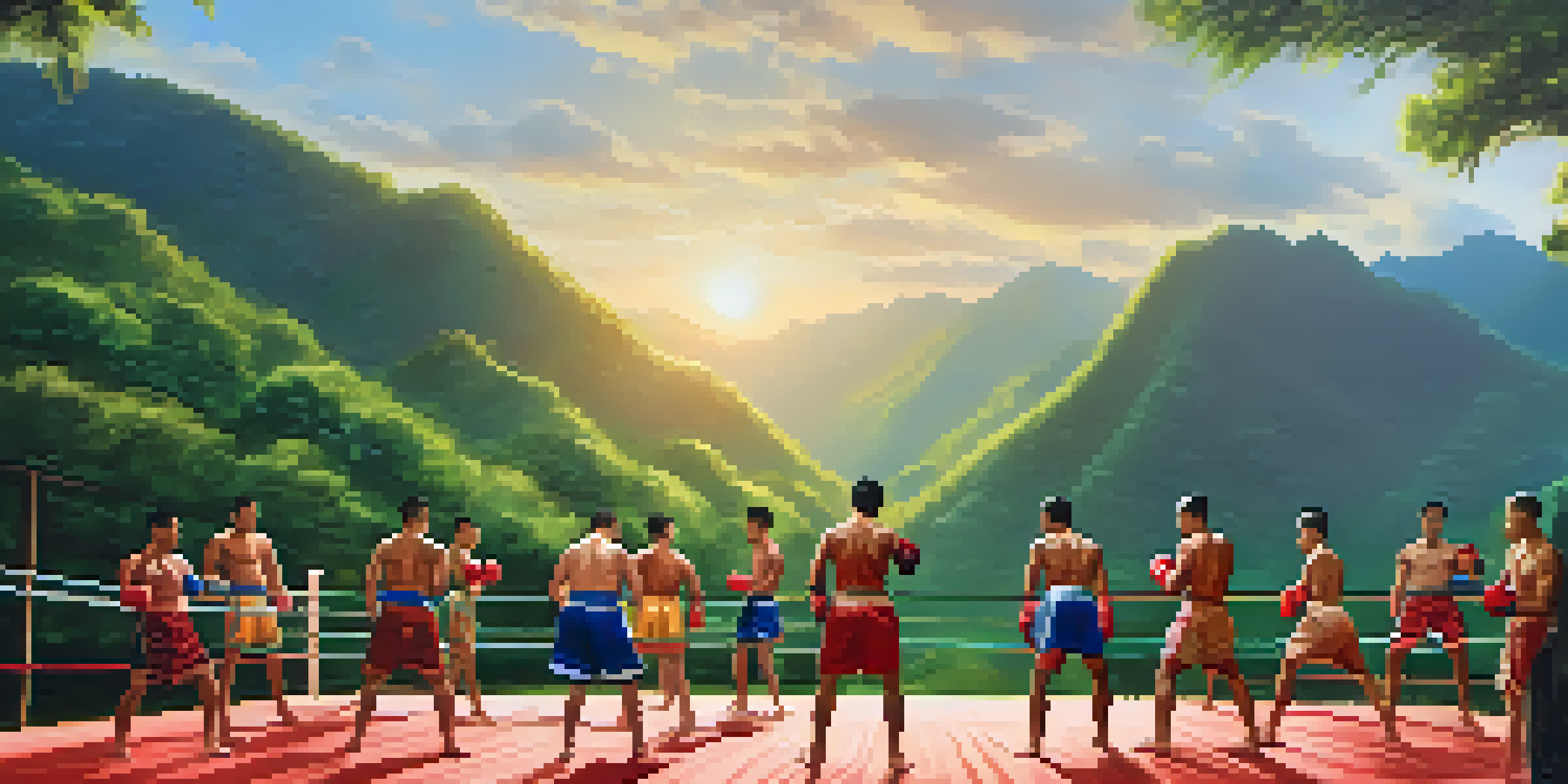 A Muay Thai training camp in Thailand with practitioners training against a backdrop of green mountains, showcasing dynamic movements and vibrant colors.
