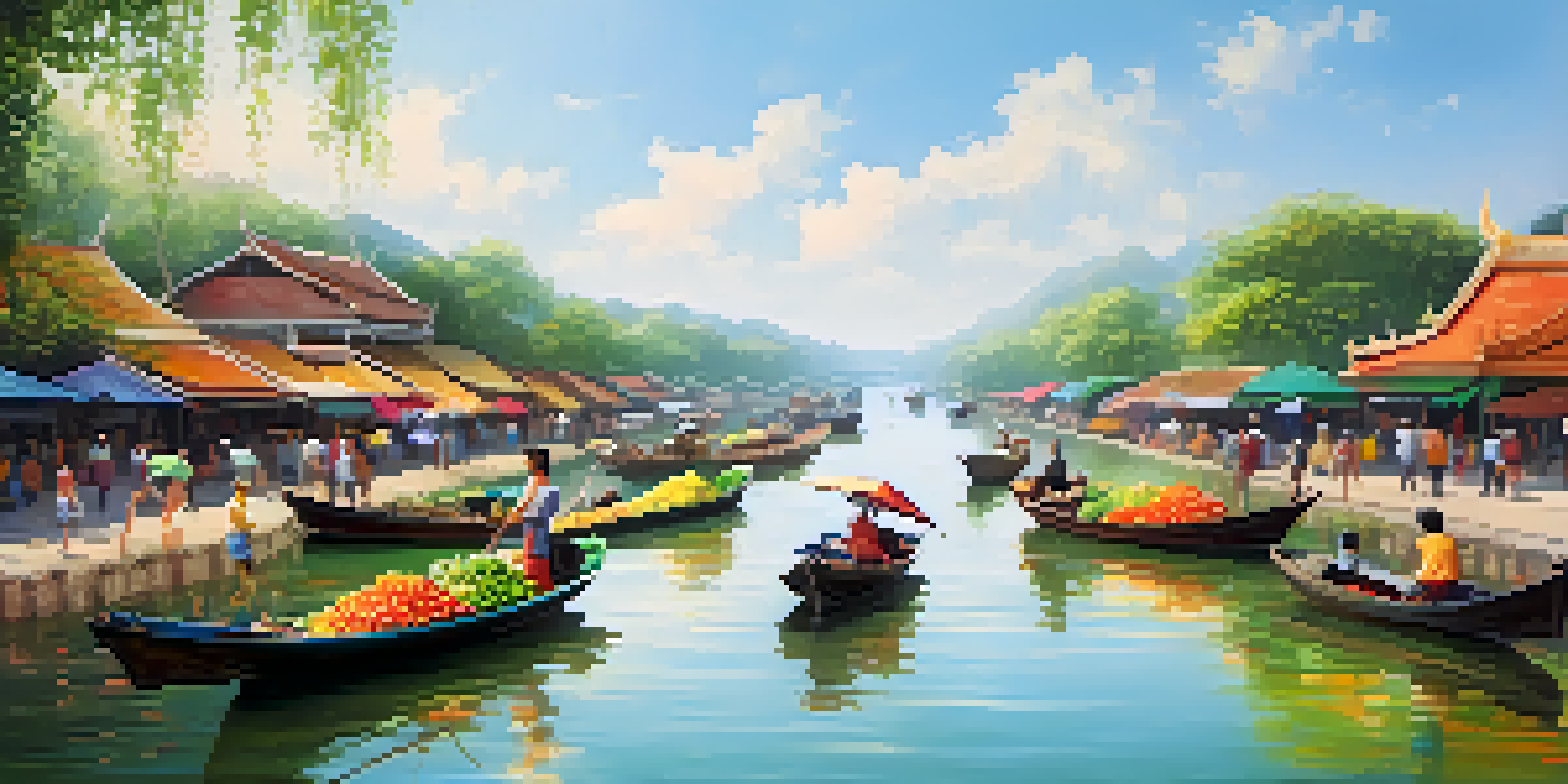 A picturesque view of a Thai river with clear blue skies, lush landscapes, colorful boats, and bustling local markets.