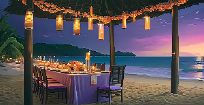 A romantic dinner by the beach with candles, seafood, and flowers, set against a colorful sunset sky.