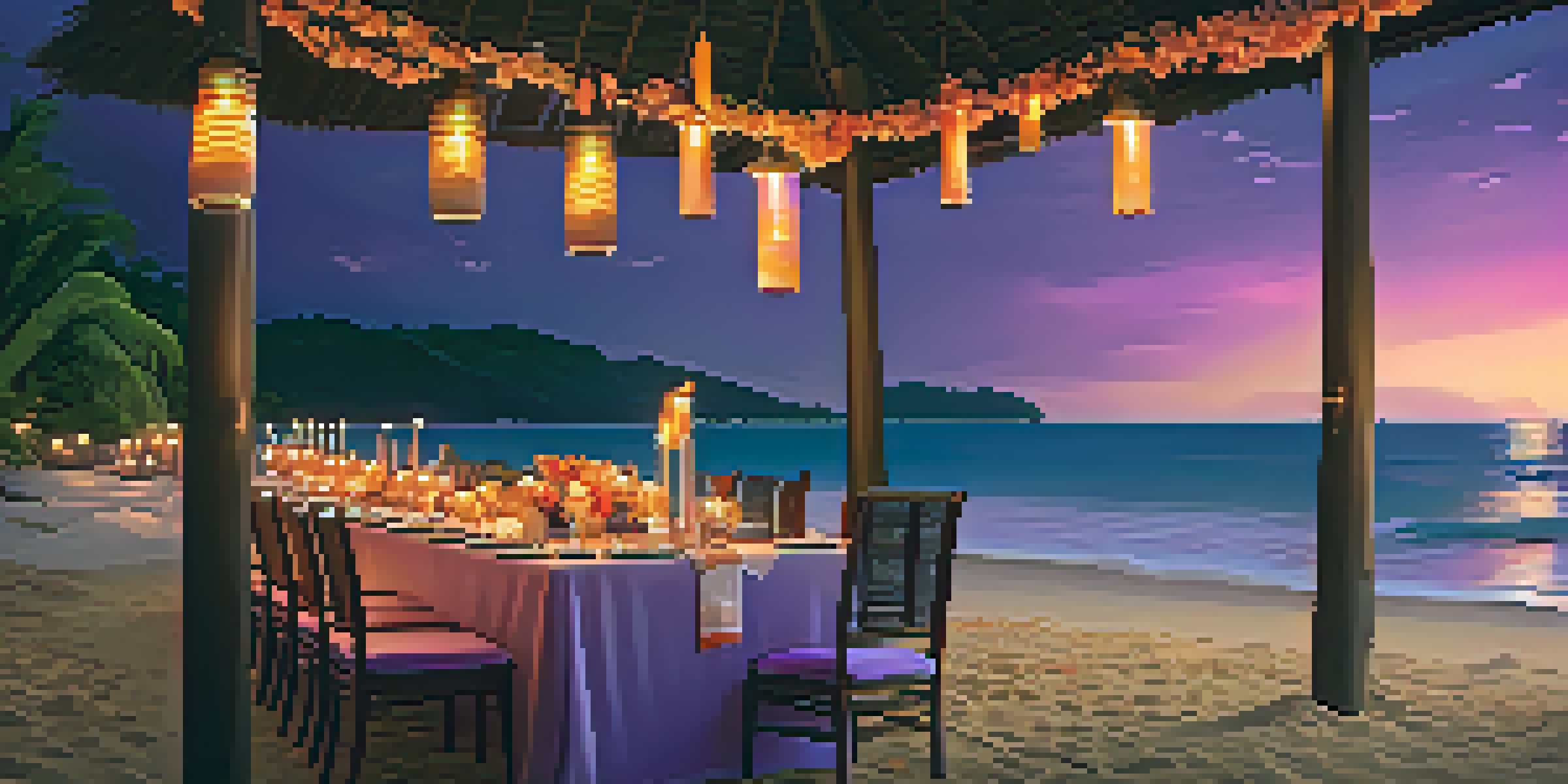 A romantic dinner by the beach with candles, seafood, and flowers, set against a colorful sunset sky.