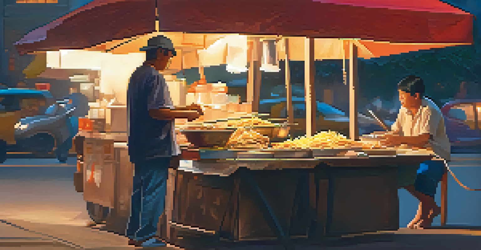 A street vendor cooking pad thai under a warm street lamp, with ethereal whispers illustrated in the air around him, capturing a blend of lively street life and supernatural elements.