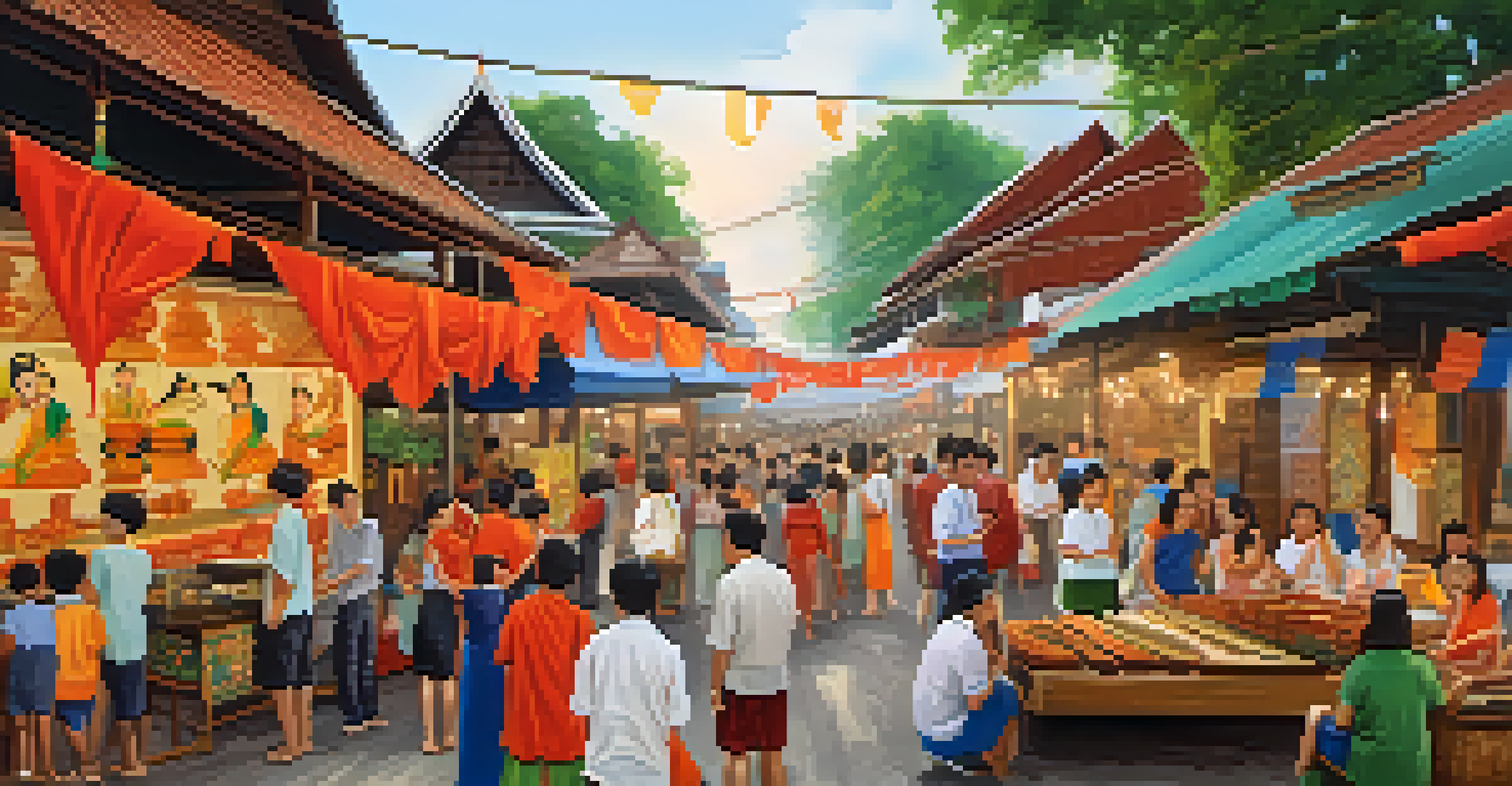 A lively local art festival in a Thai gallery, showcasing traditional crafts and filled with people enjoying food and music.