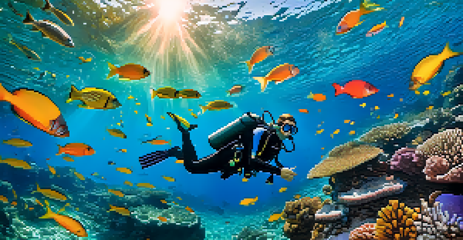 A scuba diver exploring a coral reef in Koh Tao, Thailand, surrounded by colorful fish and sunlight filtering through the water.