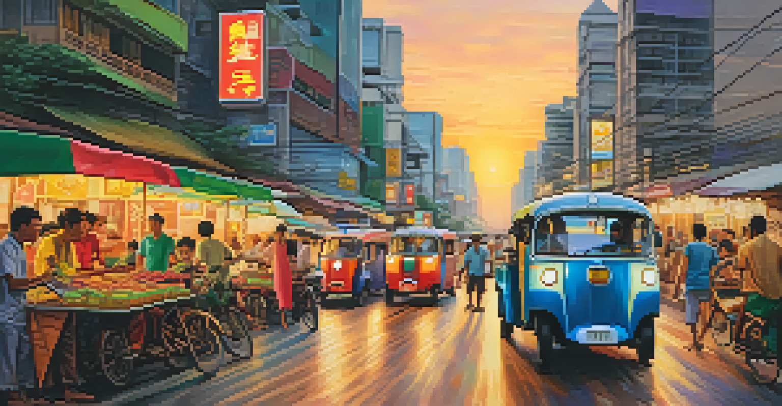 Tuk-tuks driving through a busy Bangkok street with street vendors and pedestrians at sunset.