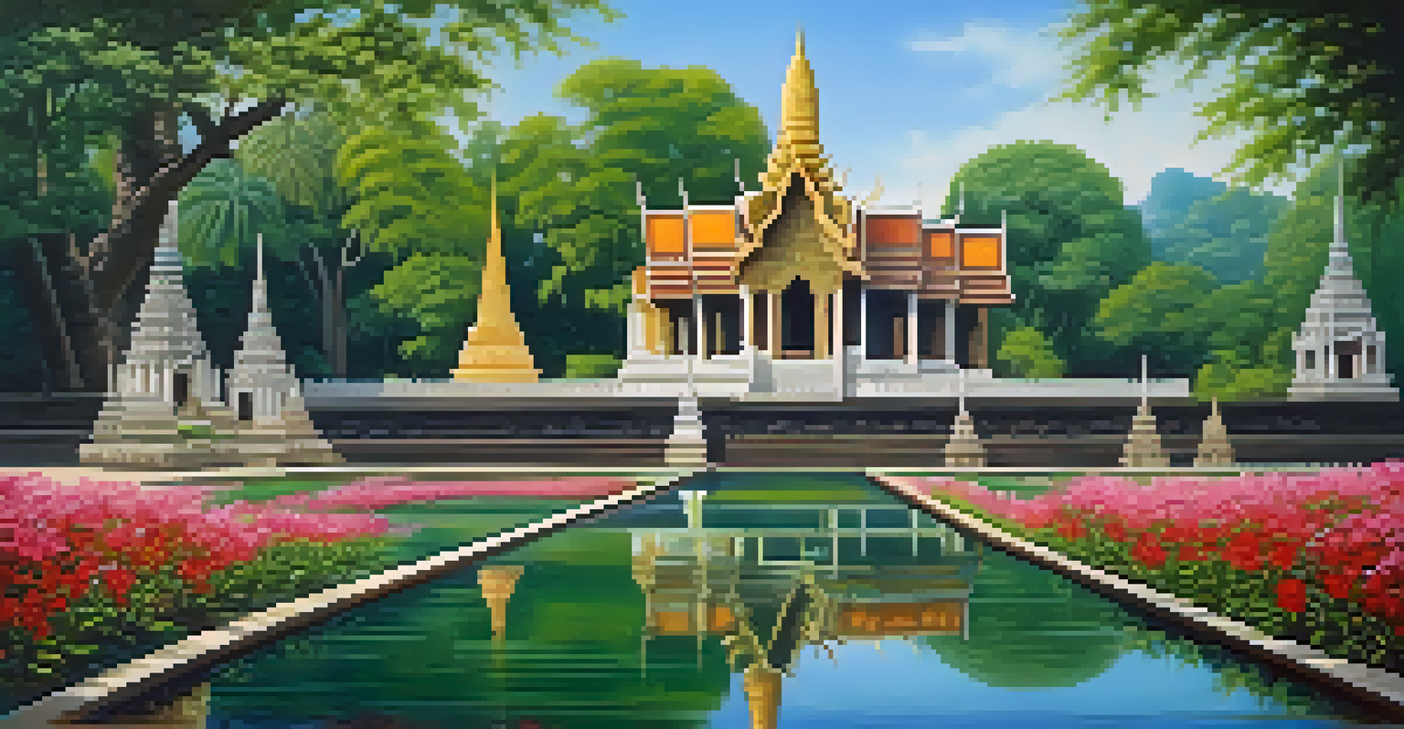 A peaceful view of the reflecting pond at Wat Si Chum, with the large Buddha statue and blooming flowers in a picturesque setting.