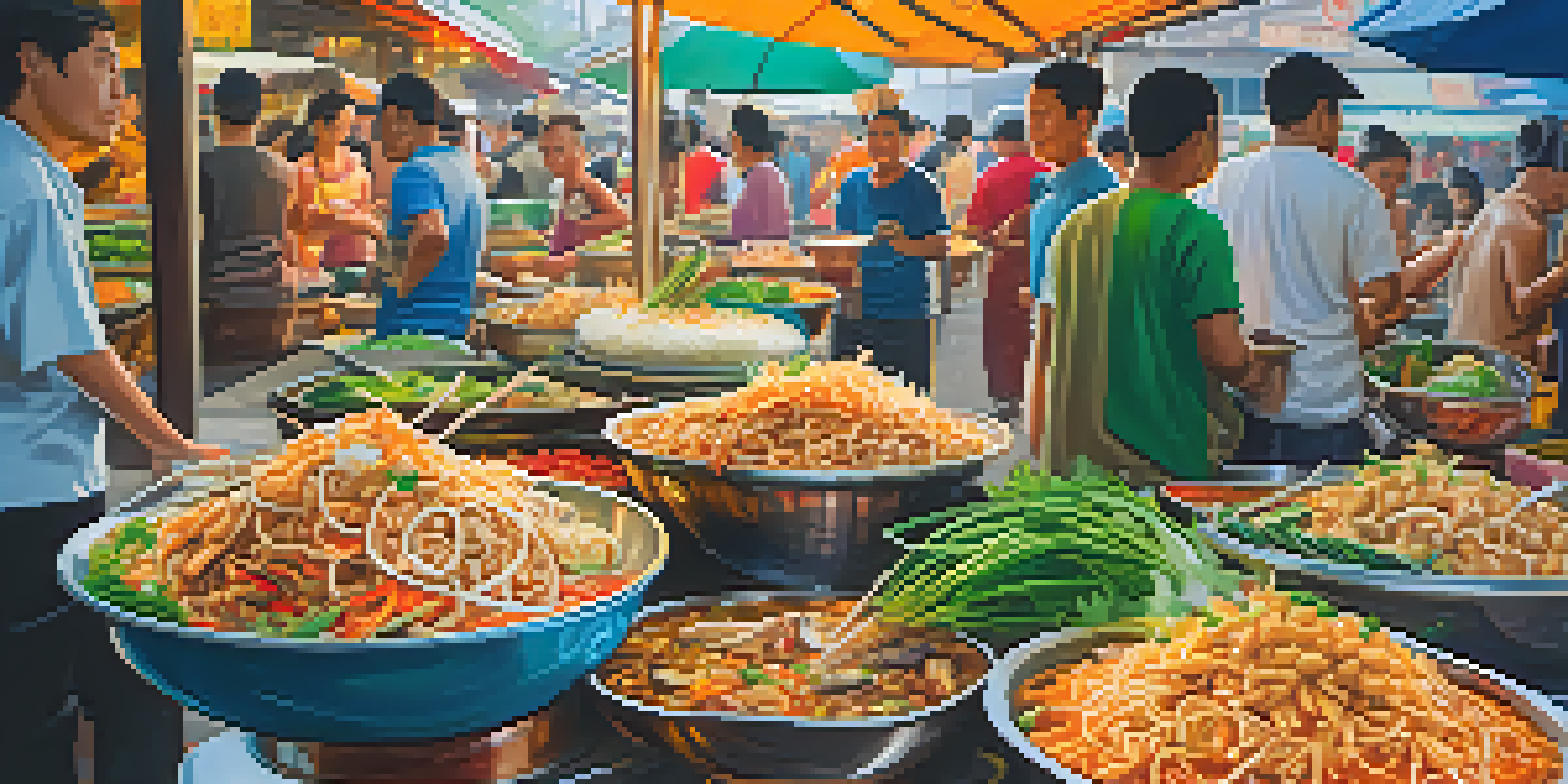 A lively Thai street market with food stalls and locals savoring various dishes like Pad Thai and Som Tum, showcasing bright colors and bustling energy.