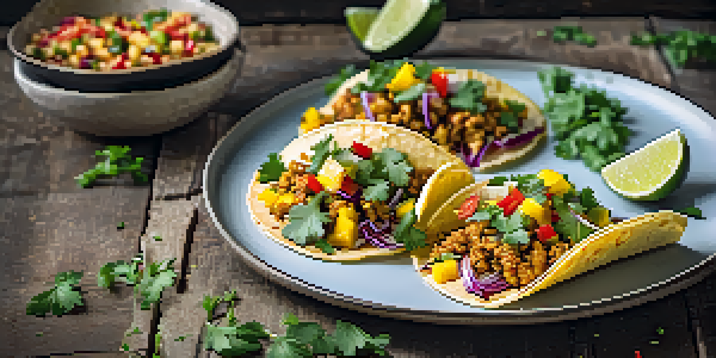 A colorful plate of fusion Thai tacos with spicy minced chicken and mango salsa on a wooden table.