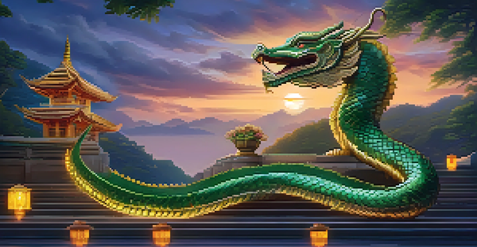 A Naga serpent wrapped around a temple staircase, with golden and green scales, illuminated by lanterns against a twilight sky.