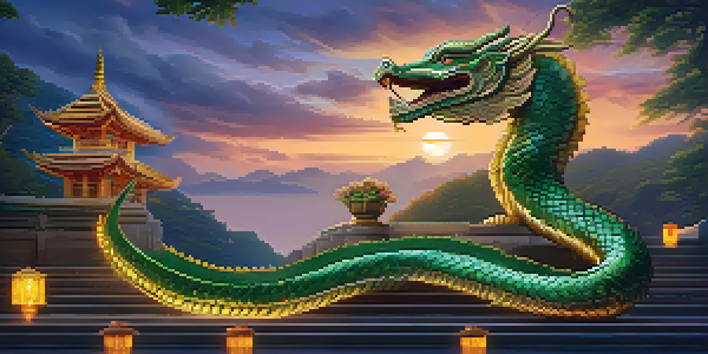 A Naga serpent wrapped around a temple staircase, with golden and green scales, illuminated by lanterns against a twilight sky.
