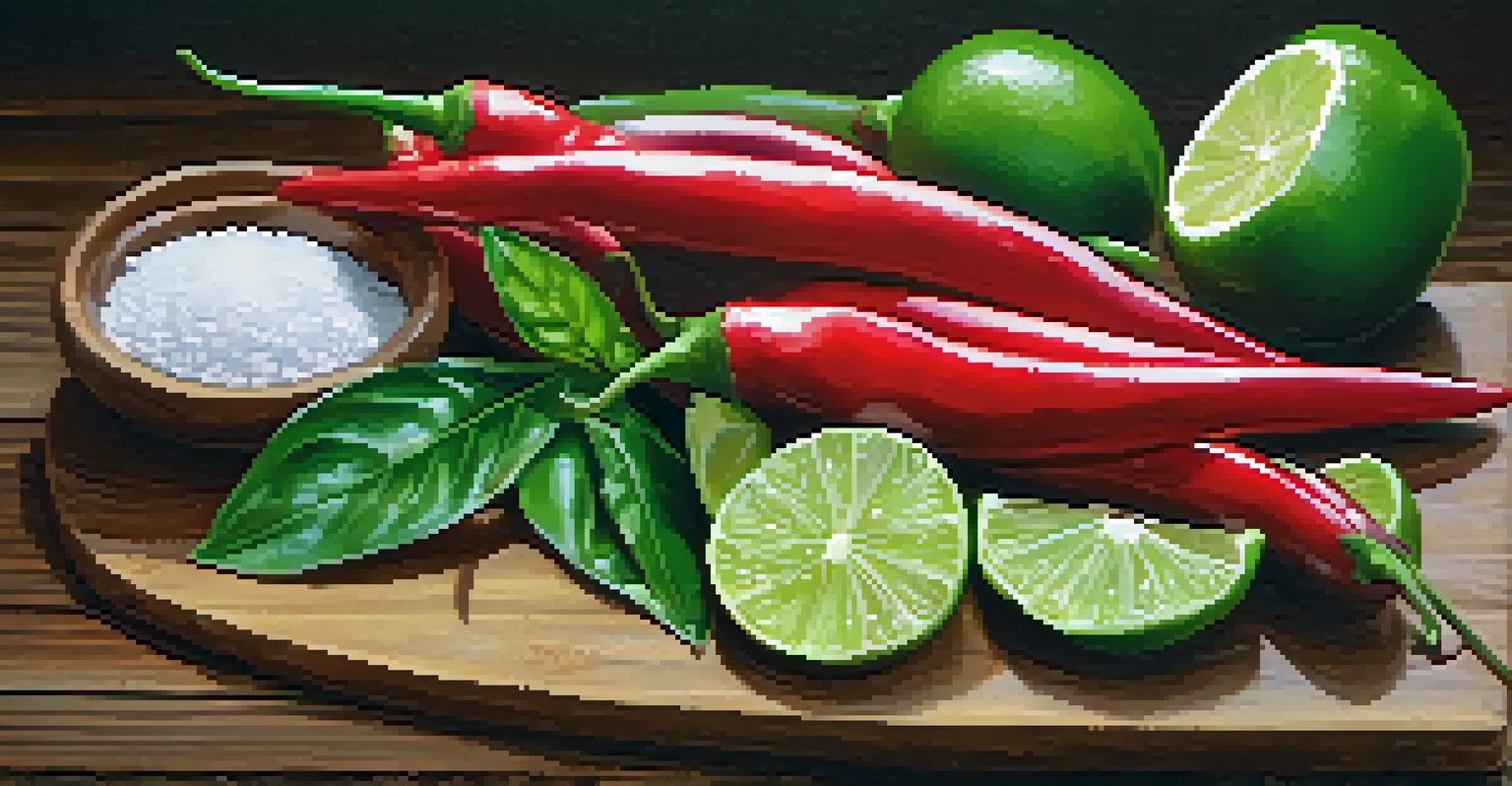 A close-up view of fresh Thai ingredients like red chilies, basil leaves, and lime slices on a wooden cutting board, showcasing their vibrant colors.