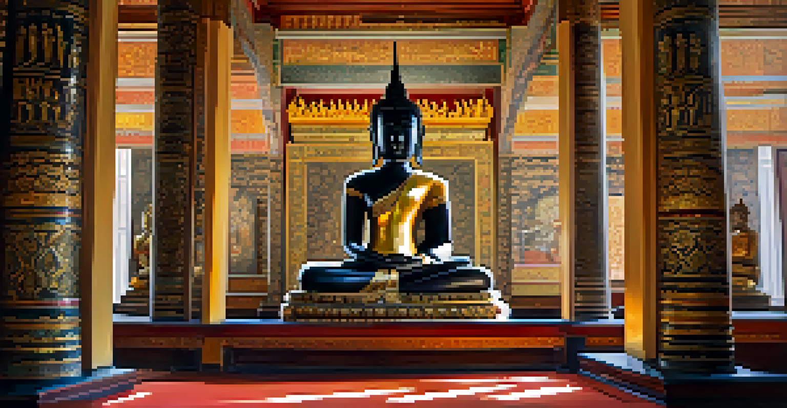 Interior view of Wat Pho temple showcasing intricate murals and statues, with warm light creating a serene atmosphere for visitors.