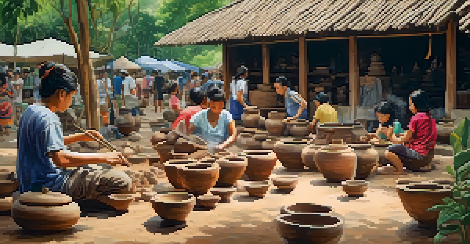 Visitors participating in a pottery-making workshop at a Thai craft fair, guided by a skilled artisan amidst a green outdoor setting.