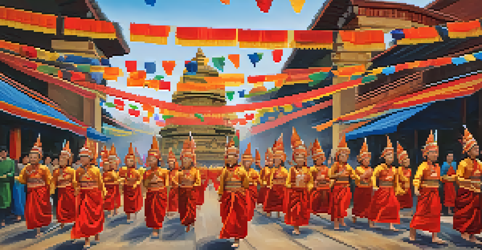 A lively cultural festival with people in traditional clothes, colorful banners, and a beautifully lit temple in the background.