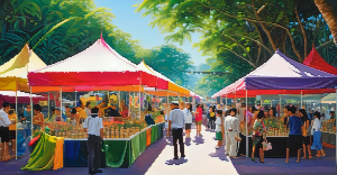 A bustling art fair in Thailand filled with colorful artworks and engaged visitors among tropical plants.