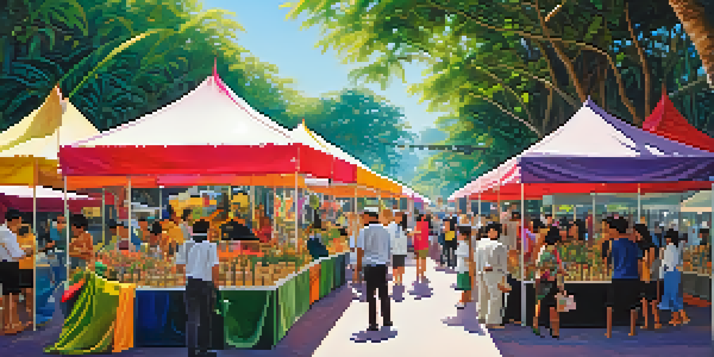 A bustling art fair in Thailand filled with colorful artworks and engaged visitors among tropical plants.