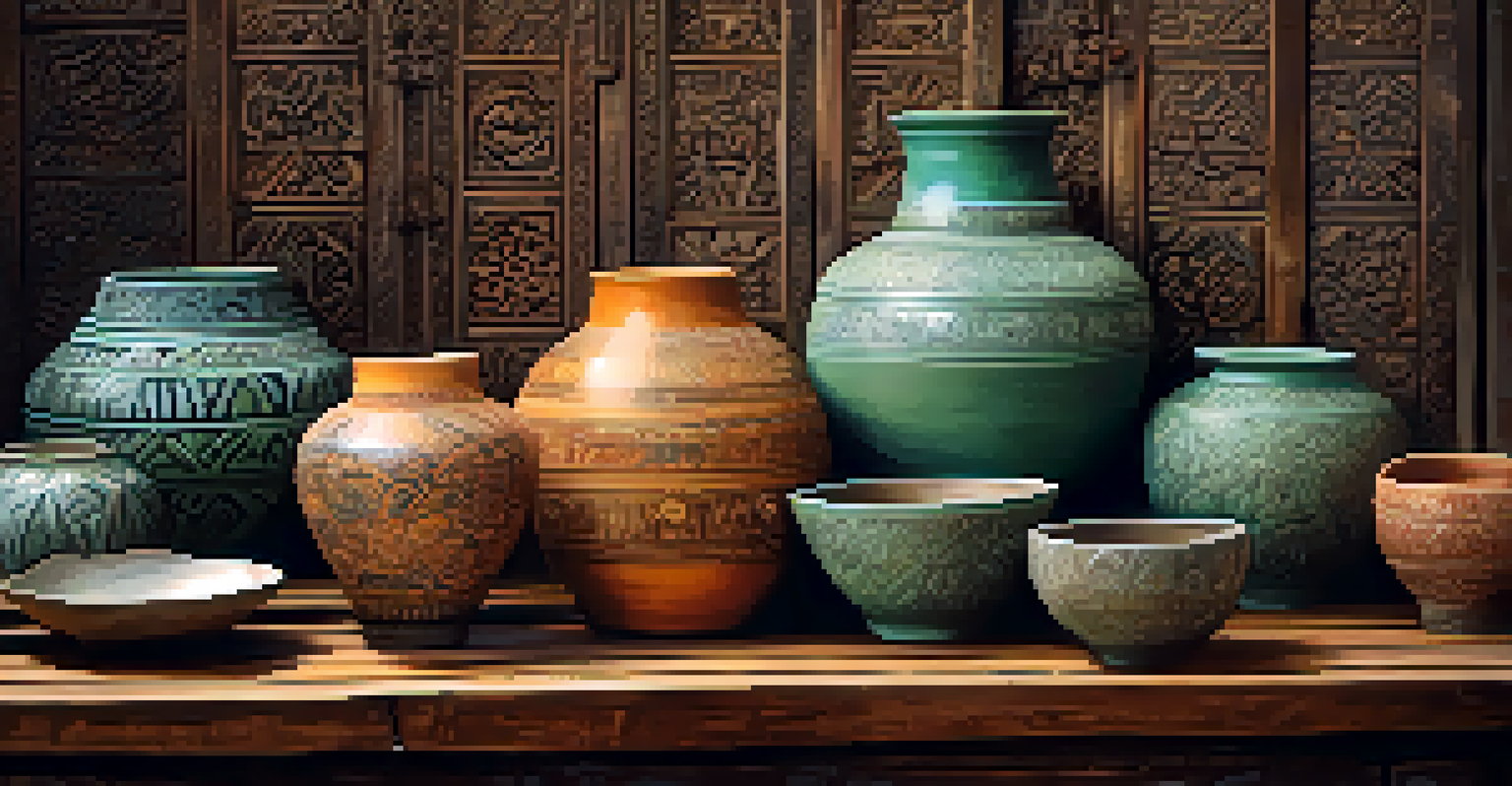 A collection of Northern Thai pottery with celadon glazes and floral designs on a wooden table.