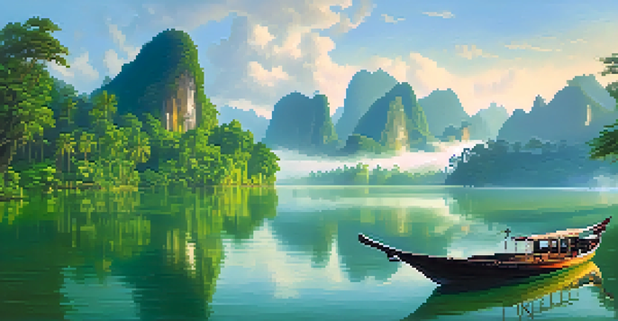 A beautiful sunrise over Khao Sok National Park, featuring misty rainforests and a calm lake with a boat.