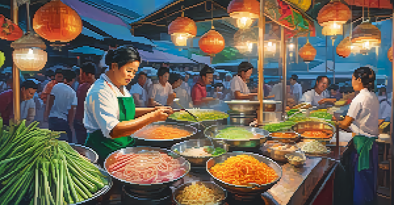 A Thai street food stall with a chef preparing Som Tum, surrounded by colorful produce and customers, under bright outdoor lighting.
