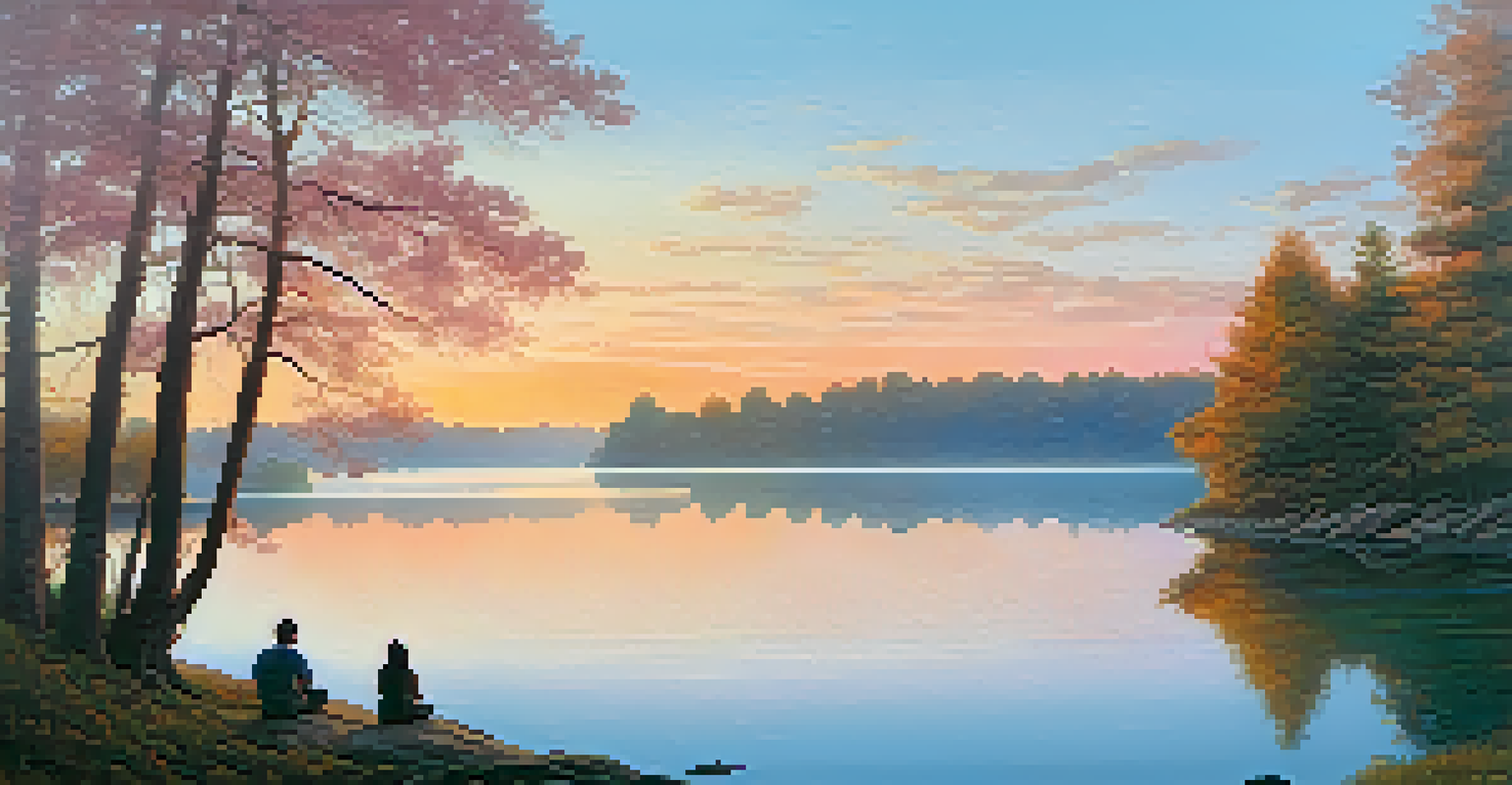 A person meditating by a calm lake at sunrise, surrounded by trees and reflecting vibrant sky colors.