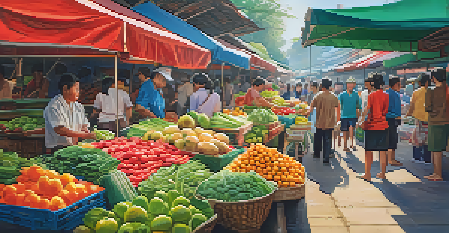 A lively Thai market filled with colorful fruits and vegetables, bustling with shoppers in warm natural light.