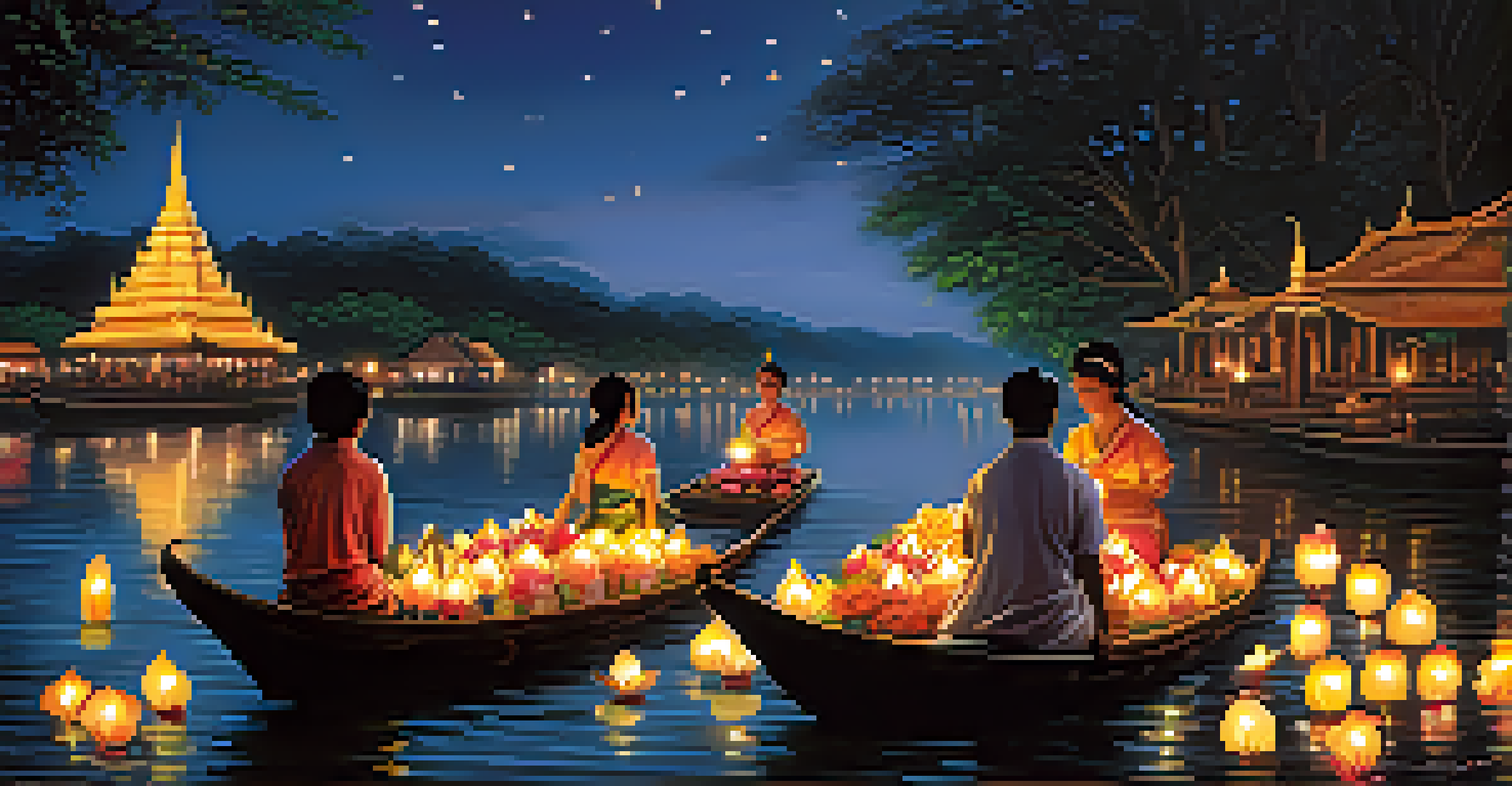 The Loy Krathong festival at night, with floating baskets lit by candles on a river and glowing lanterns in the sky.