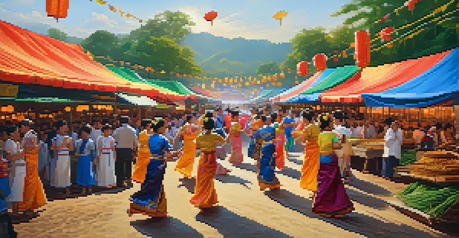 A vibrant cultural festival at a market in Northern Thailand with traditional dance performances, colorful decorations, and food stalls.