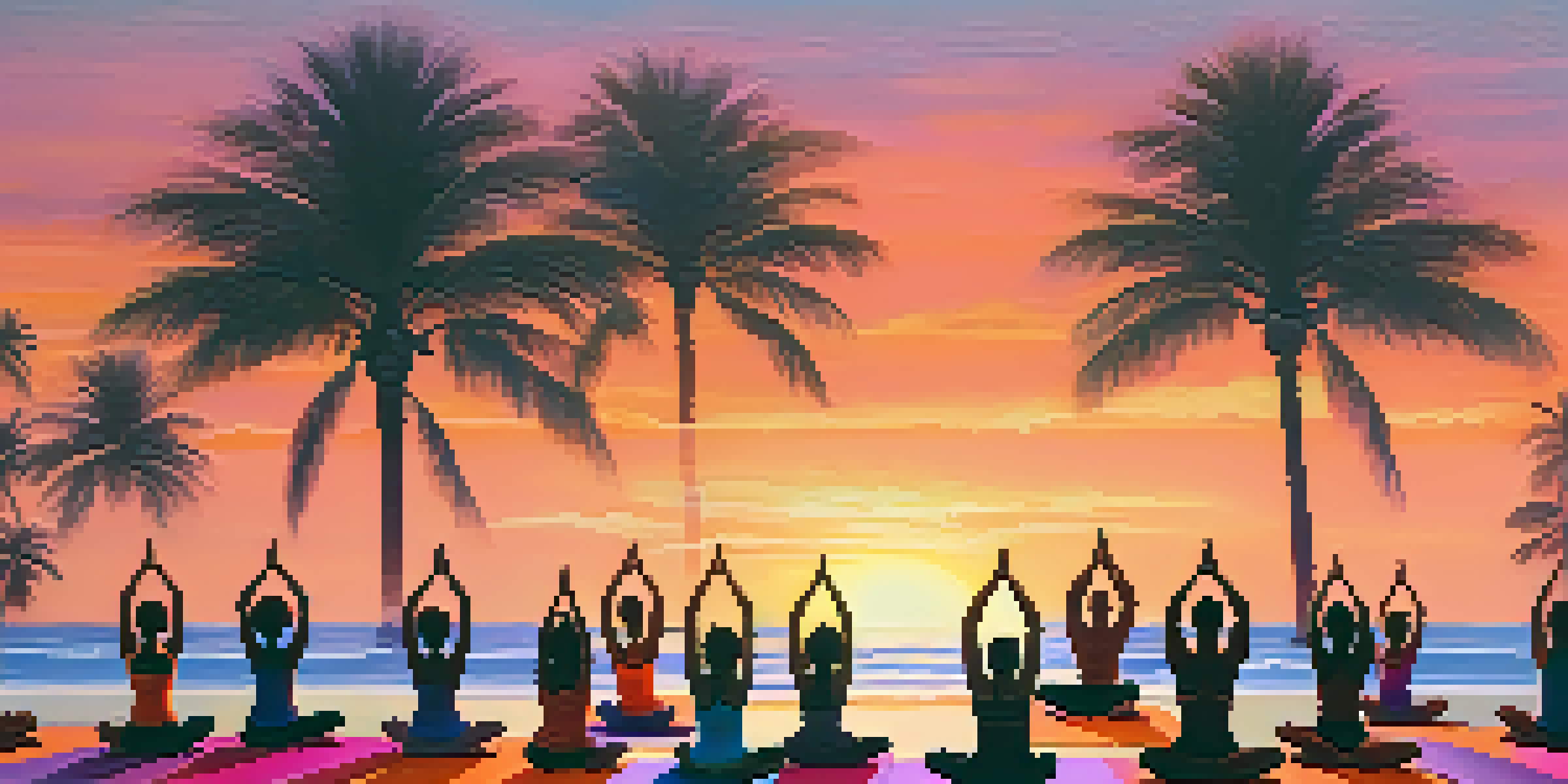 A diverse group of people practicing yoga on a beach during sunset, with palm trees in the background and colorful mats on the sand.