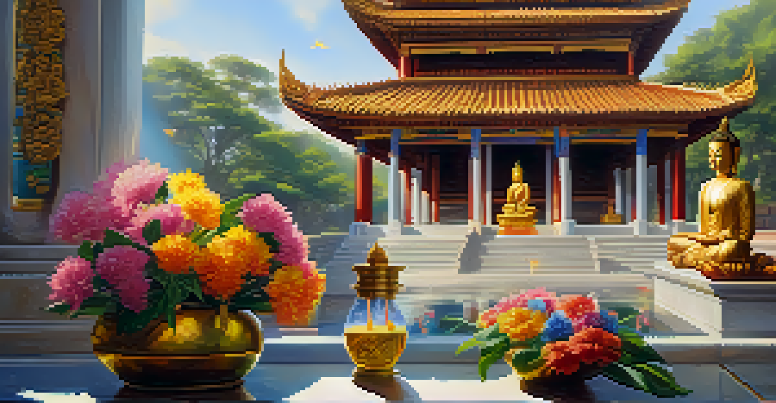 A peaceful temple scene in Thailand with people pouring scented water over a golden Buddha statue, surrounded by vibrant flowers in soft morning light.