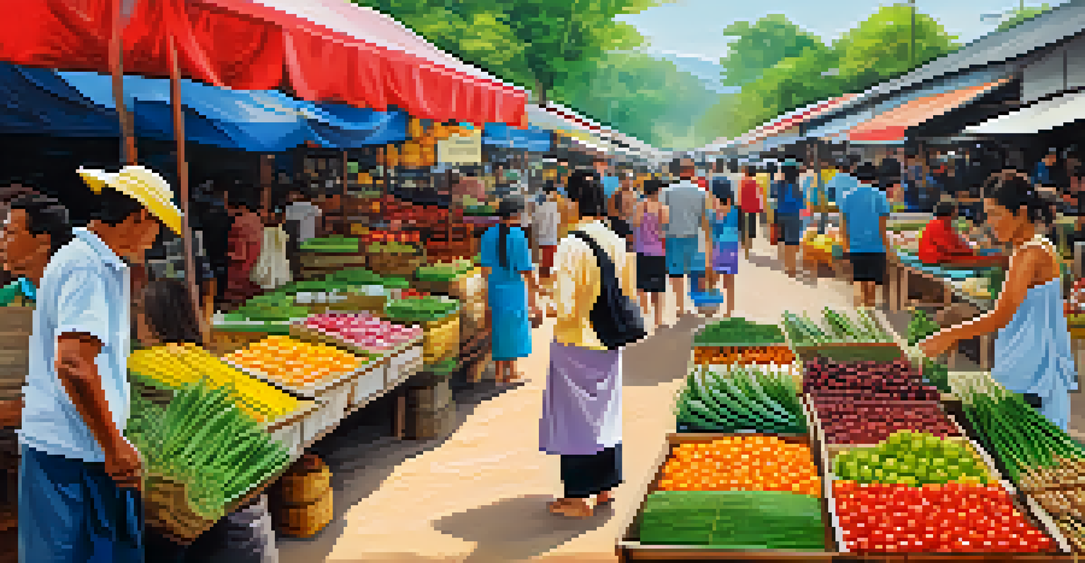 A lively community market in Thailand with locals selling crafts and produce, promoting sustainable tourism and wildlife conservation.