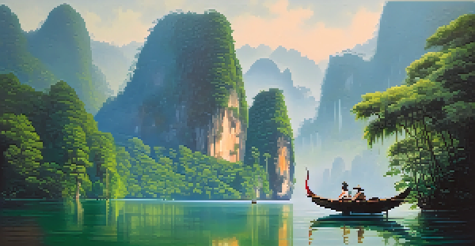 A scenic view of Khao Sok National Park featuring limestone cliffs, a serene lake, and vibrant rainforest with birds and a canoe.