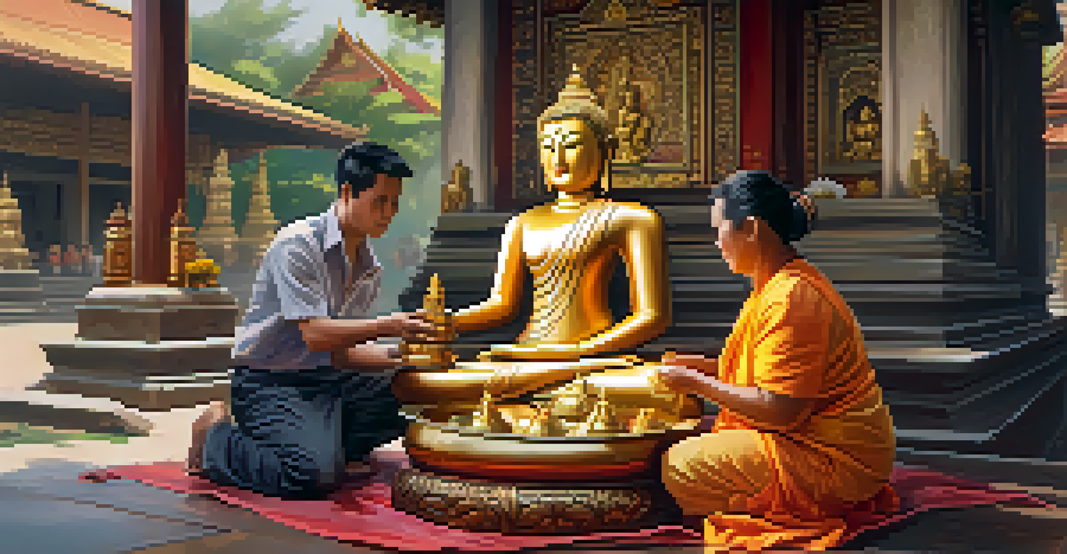 A family pouring scented water over a Buddha statue in a temple during Songkran, capturing a moment of respect and tradition.