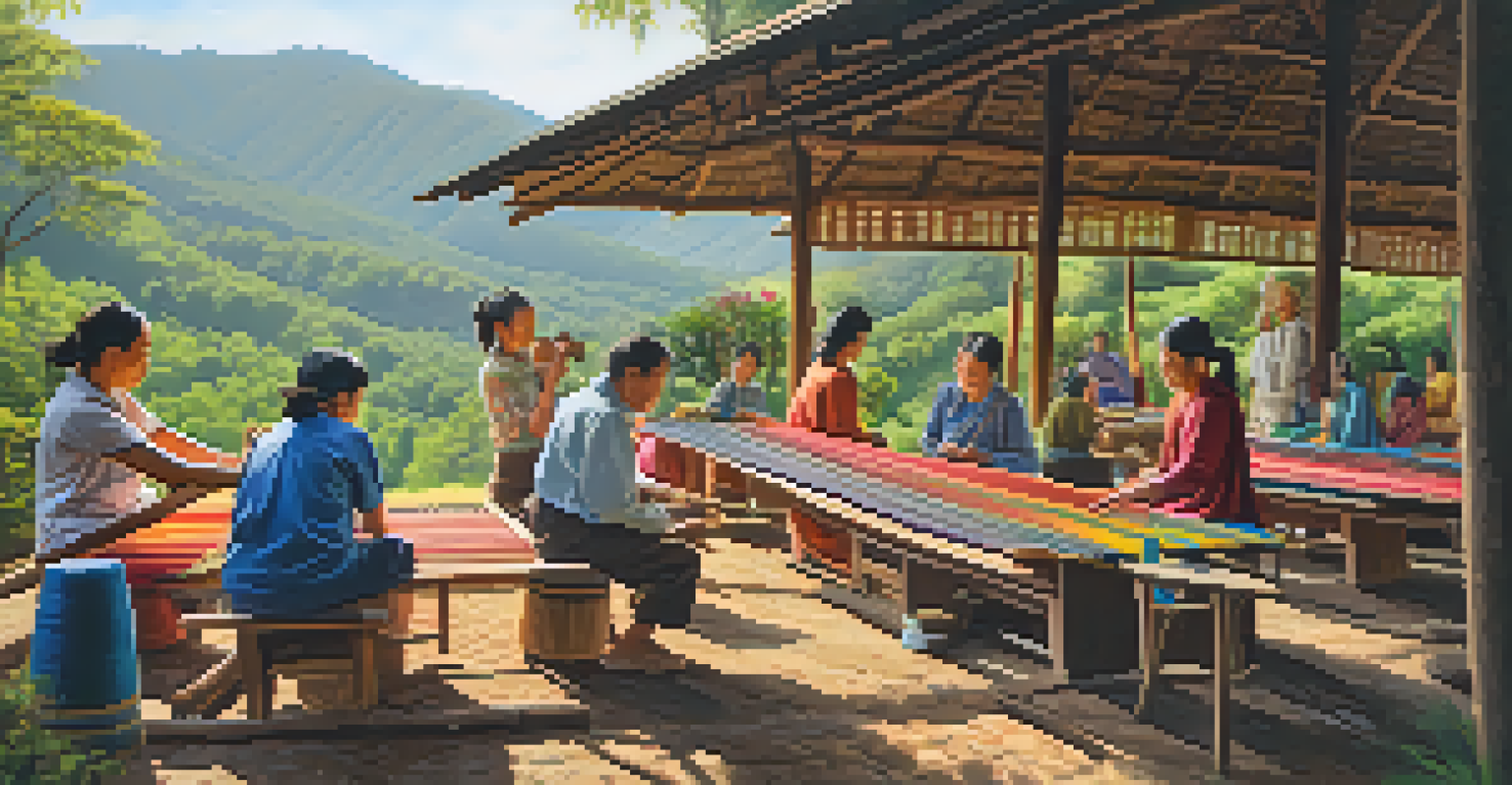 Tourists learning weaving from local artisans near Doi Inthanon National Park, with colorful textiles and mountain scenery.