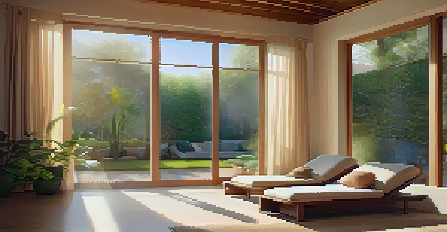 A cozy indoor meditation room at a wellness retreat, filled with cushions, candles, and a view of a peaceful garden.