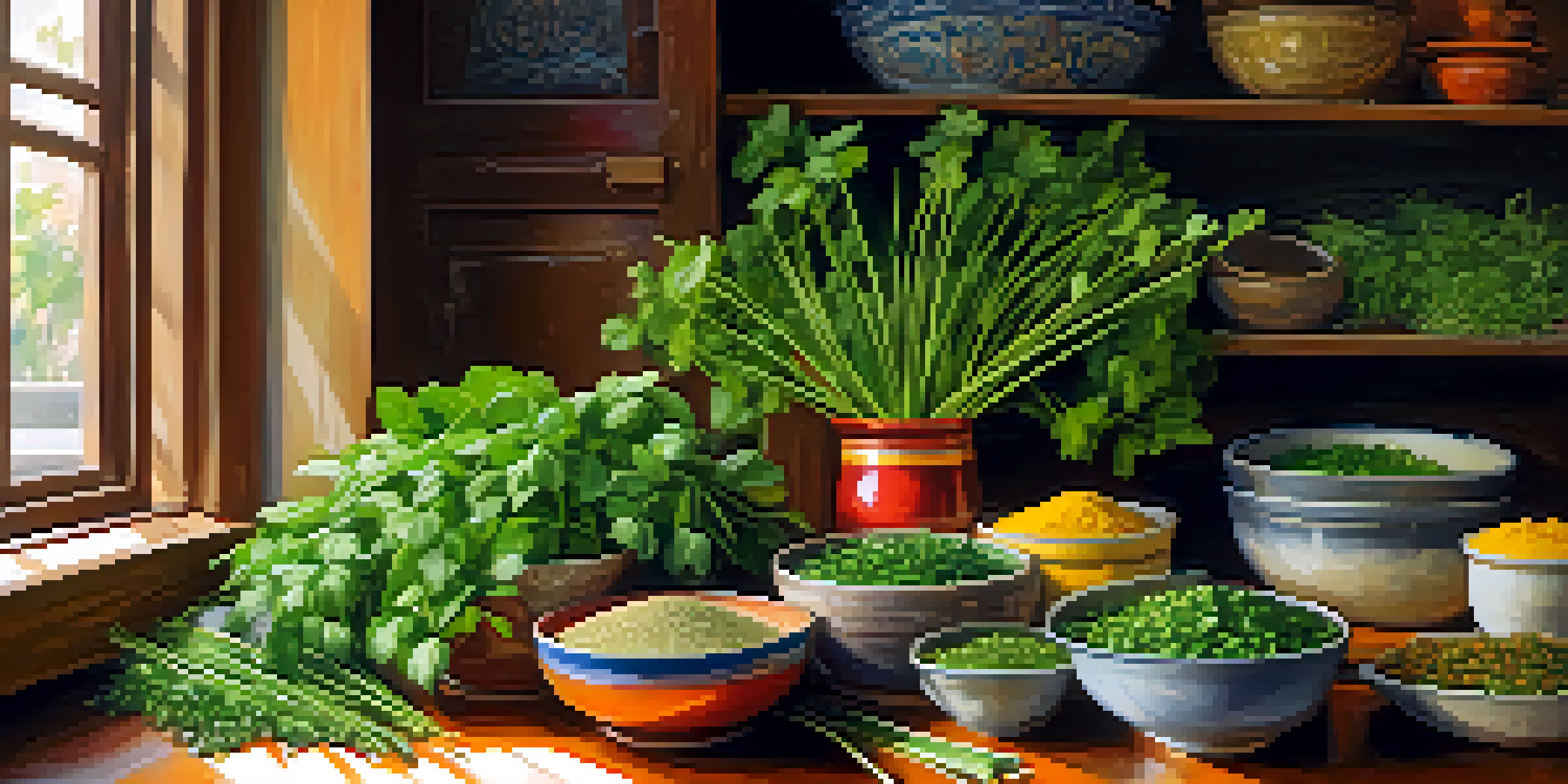 A colorful kitchen scene showcasing fresh herbs and spices used in Thai cooking, with sunlight streaming in.