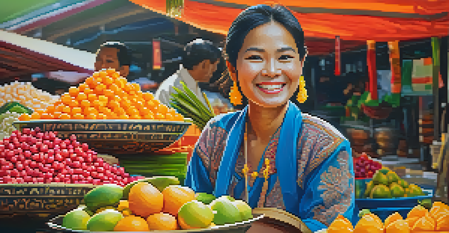 A cheerful Thai vendor at a market, offering fruits with colorful stalls in the background.