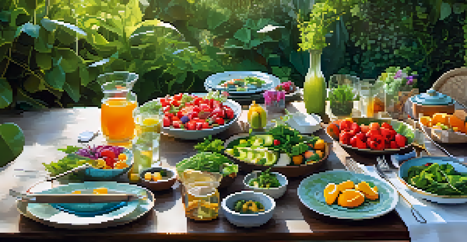 A colorful array of organic dishes served outdoors at a wellness retreat, surrounded by lush greenery and sunlight.