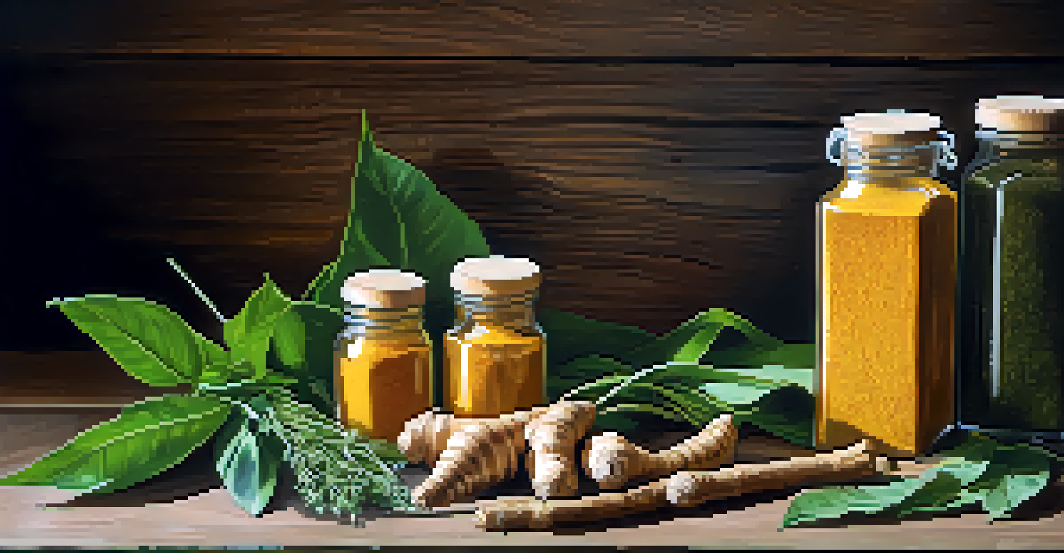 Essential Thai herbs arranged on a rustic wooden table with labels describing their benefits. Natural light enhances the vibrant colors and textures of the herbs.